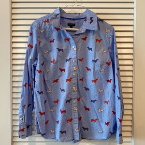 Talbots Long Sleeve Button Down Shirt Size Lp Blue with Dog Pattern
